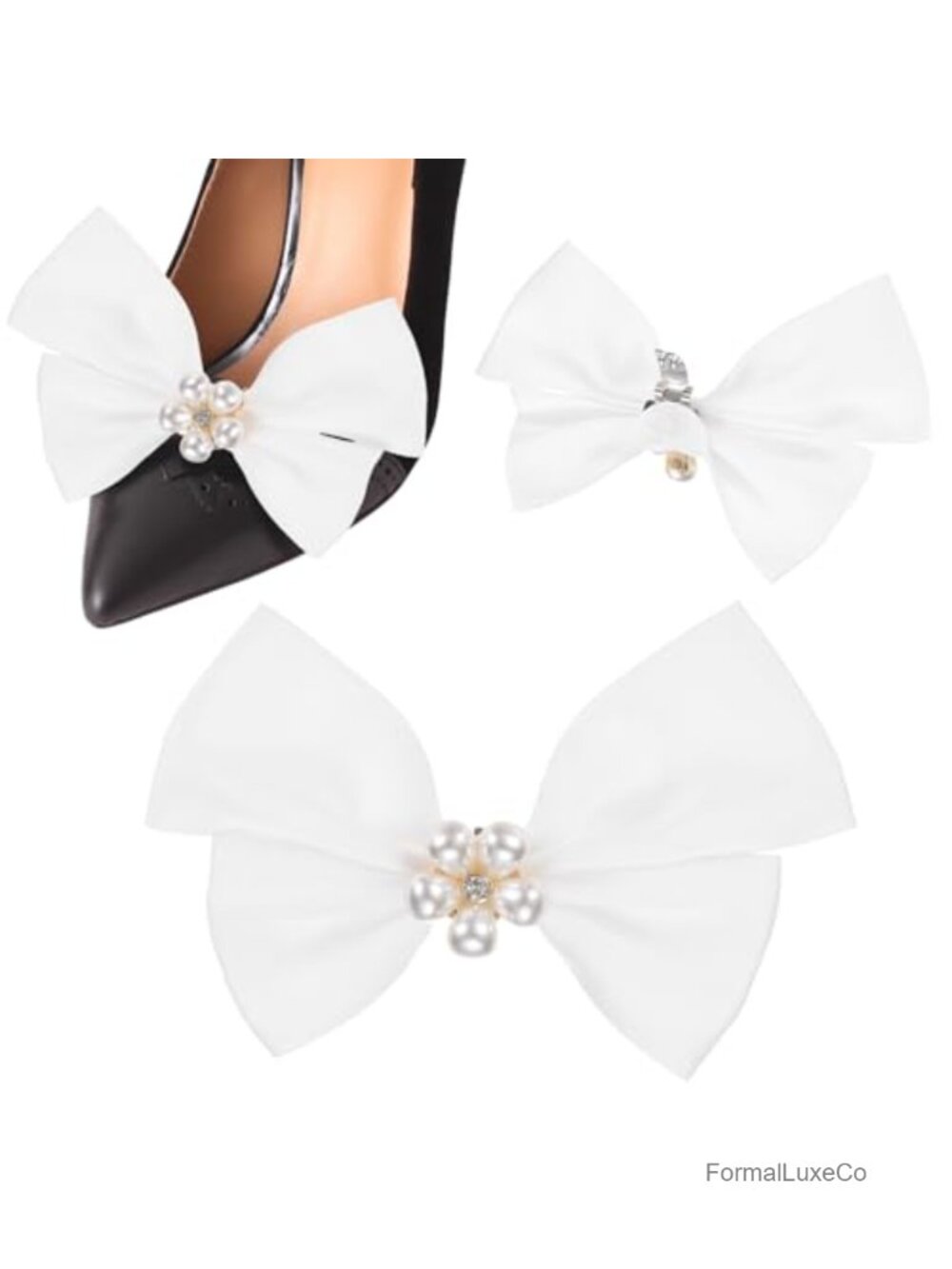 2-Pack Satin Bow Shoe Clips with Pearl Rhinestone for Wedding Heels